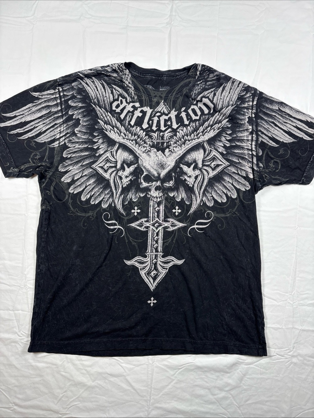 Vintage Affliction Death Eyes Men's Black Graphic Skull & Wings T‑Shirt